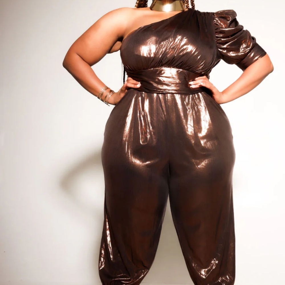 Bronze plus sized one shoulder jumpsuit